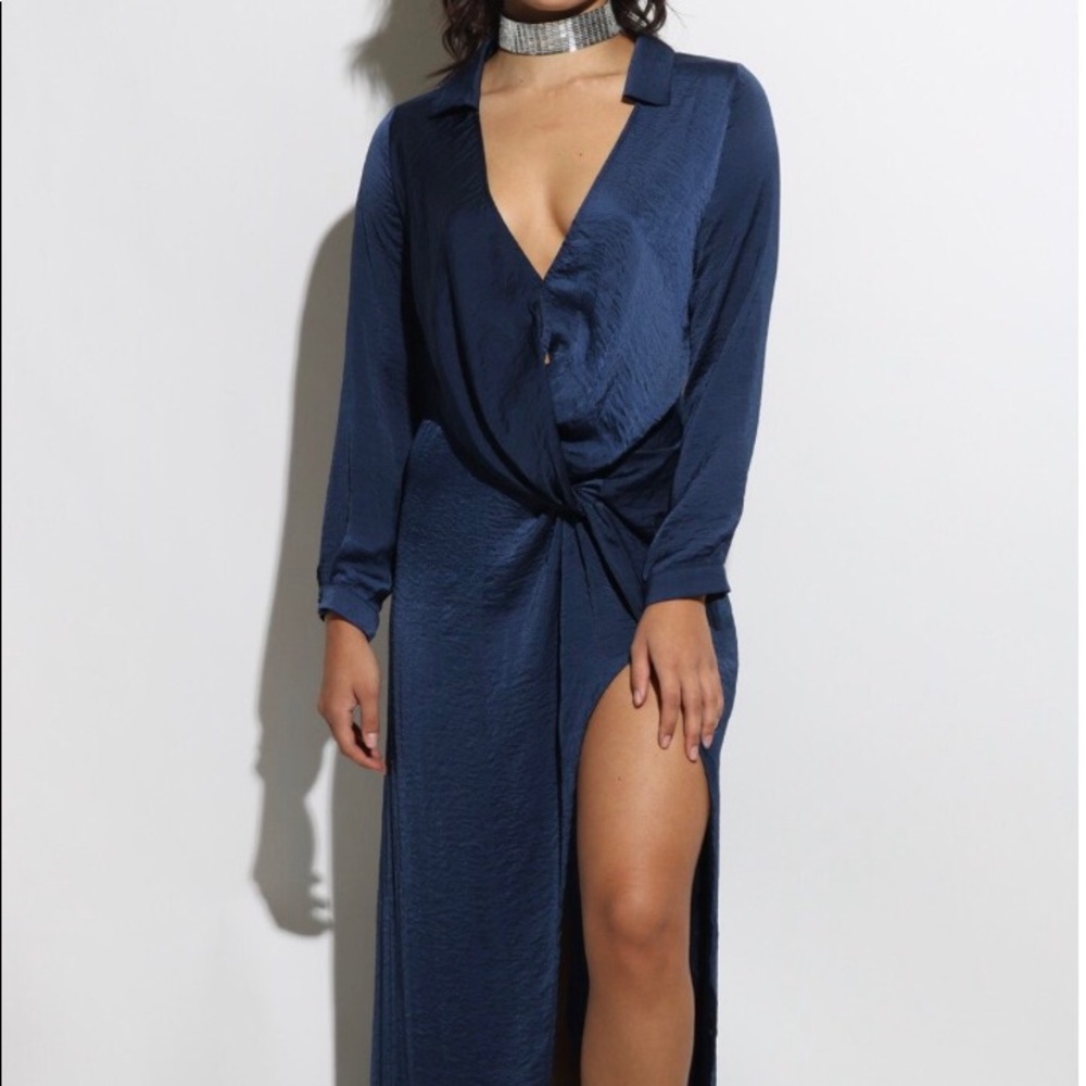 Long sleeve silk blue gown